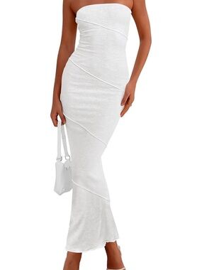Strapless White Ribbed Maxi Dress